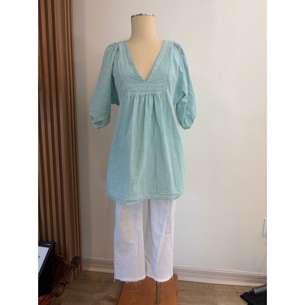 Urban Outfitters Green Seersucker Babydoll Mini Dress Puff Sleeve Size Large
